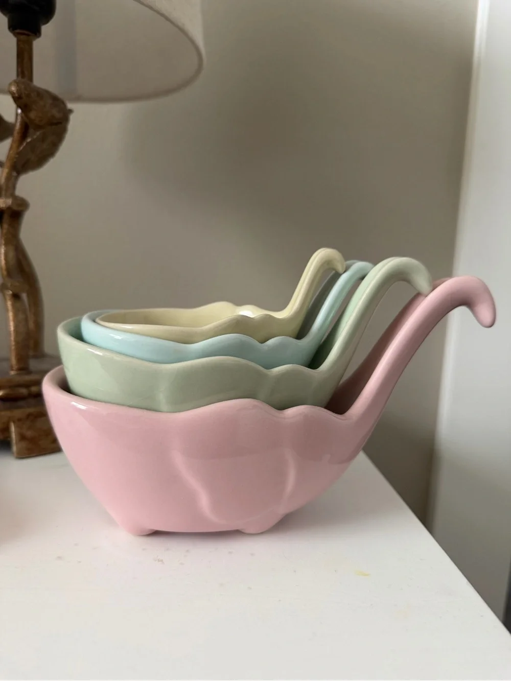 Four Pastel Ceramic Elephant Nesting Measuring Cups- Pink, Mint, Blue, Yellow